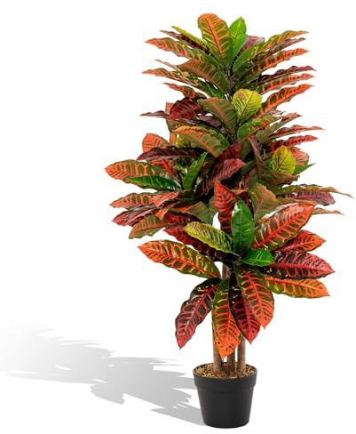 COSTWAY Konstgjord växt 100 cm, konstgjord växt Croton, palmträd med färgglada blad och naturlig trästamme, konstgjord växt i kruka, tropisk palmrumsväxt, för kontor hemma, Röd+Grön