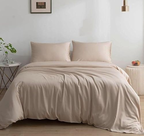 Waterlily 100% Bamboo Lyocell Bedding Set 3 Pcs Duvet Cover & Pillowcases Double King Organic Natural Soft Vegan Silk Luxury Bed Linen (Beige, King)