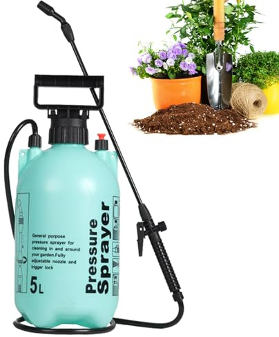 Tryckspruta 5 l fyllningsinnehåll | Trädgårdsspruta | Spruta för växtskydd – universell sprayflaska för vinäger, vatten, gödsel, justerbart munstycke, spiralslang