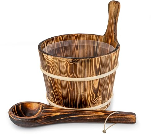 SAUNAINTER Yakisugi - Secchio per sauna con mestolo, set di accessori per sauna, stile giapponese, in legno carbonizzato, inserto in plastica, cestino da sauna (7 l)