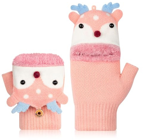 Kiiwah Mitaines pour enfants avec haut rabattable, mitaines pour garçons et filles, gants chauds en tricot, doublure en peluche, sans doigts, gants d'hiver thermiques, Rose, Taille unique