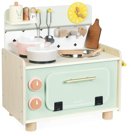 Janod - Cucinino per Bambini in Legno - Cucina per Bambini con Quattro Utensili e 10 Accessori Inclusi - Boutons Rotatifs Sonores - Jouet Imitation et Eveil - da 2 Anni, J06640