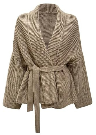 WLLDDDIU Gilet Laine Femme,Cardigans en Tricot Torsadé Aran pour Femmes, Cardigans Amples À Manches Longues et Col en V, Pulls avec Ceinture, Cardigan Décontracté Ouvert sur Le Devant, Tunique