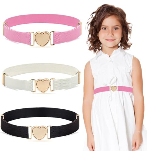 GWAWG 3PCS Girls Elastic Belts,Adjustable Kids Belt,Elastic Stretch Belts with Heart Buckle,heart buckle child belt,adjustable buckle stretch belt for Kids Toddler