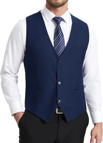 HISDERN Chaleco Hombre de Traje Azul Marino Elegante Formal Clásico Color Liso Ajustable Chalecos Vestir Hombre con 3 Botones Bolsillo para Boda Ceremonias Fiesta Negocio Eventos Regular Fit XXL