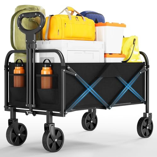 Bollerwagen faltbar XL, Strandwagen Tragkraft bis 172KG, Klappbarer Handwagen mit 360°drehbare Räder für alle Gelände, ideal für Camping, Picknick, Einkaufen, Garten und Sport, Schwarz