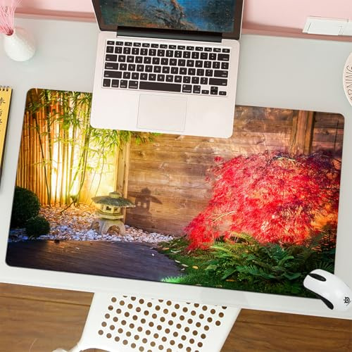 QRFASFZO Mouse Pad 31.5 × 12 inch Extended Large Mouse Mat Desk Pad, Stitched Edges Mousepad,Non-Slip Rubber Base,Garden Japanese Stone Lantern and Red Maple Tree in an Autumnal G,Gaming Mouse Pad XL