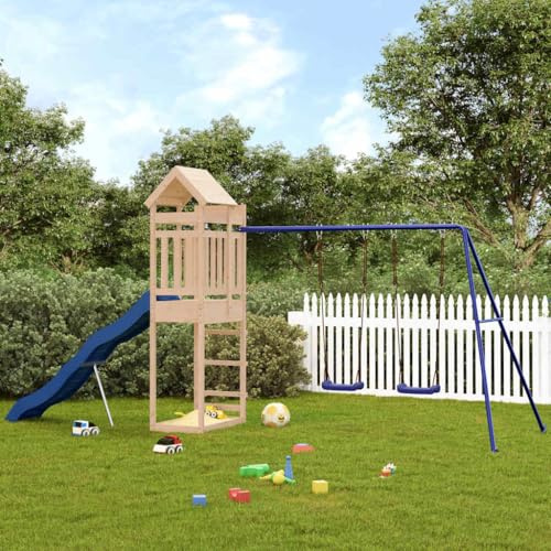 Runheo Torre de juego de madera maciza de pino con tobogán ondulado, dos columpios, arenero y plataforma de 118 cm, para jardín, patio de recreo interior y exterior, movimiento