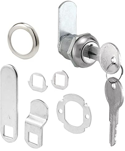 Prime-Line U 9941 Diecast Drawer and Cabinet Lock, 3 Cams, Trim Collar, 2 Washers, 2 Keys and Fasteners, 5/8” Length for 5/16” Max Panel Thickness, Stainless Steel (Set of 1)