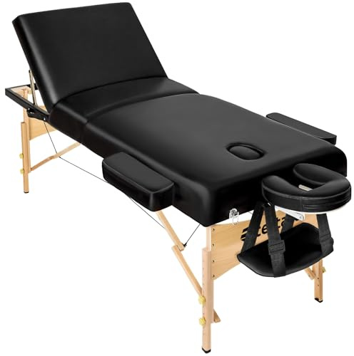 tectake® Lettino Massaggio portatile, Morbida Imbottitura, Poggiatesta, letto pieghevole, Legno, lettino estetista, fisioterapia, Lettino Tattoo - Nero