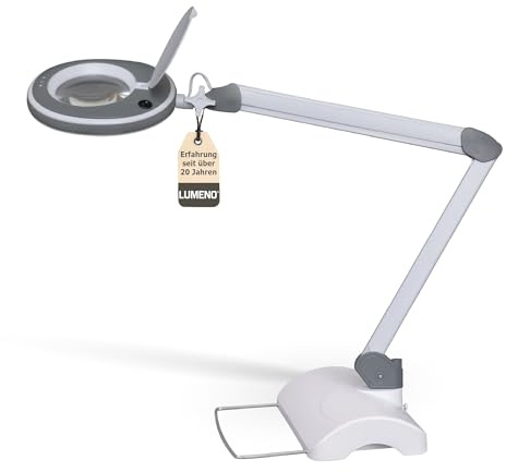 Lumeno 8213GR LED förstoringslampa Arbetsplatslampa Kosmetisk lampa, justerbar ljusstyrka, kristallklar 127 mm glaslins, läshjälp förstoringsglas, 3 dioptrier med bordsstativ