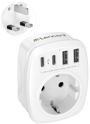 LENCENT Adaptador Enchufe Reino Unido, Cargador Inglaterra Viaje con 2 USB-C y 2 USB-A, Adaptador Europa Portugal a UK para Escocia, Irlanda, Gales, Maldivas, Gran Bretaña, Tipo G
