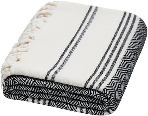 DEMMEX Organic Turkish Cotton Beach Bath Hammam Towel – Quick-Dry, Lightweight, Compact, Sand-Free Beach Towel & Blanket – Luxury Bathroom & Hammam Towel Peshtemal, OEKO-TEX Certified, 180x90cm, Black