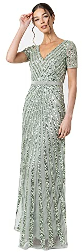 Maya Deluxe Damen Abendkleid Pailletten Maxi Elegant Für Hochzeit V-ausschnitt A-linien-schnitt Brautjungfernkleid Bridesmaid Dress, Grün, 36 EU