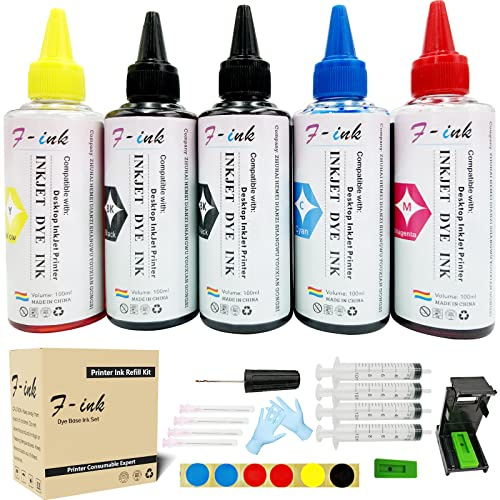 F-ink - 5 flaconi da 100 ml di inchiostro e strumenti per ricaricare l'inchiostro, compatibili con cartucce d'inchiostro Hp 303 305 307 21 22 338 339 343 901 303XL 305XL 307XL