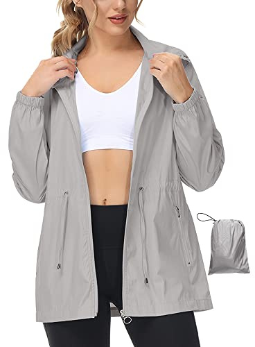 LVCBL Women Zipper Rain Jacket Lightweight Windbreaker Long Sleeve Foldable Raincoat Gray XL