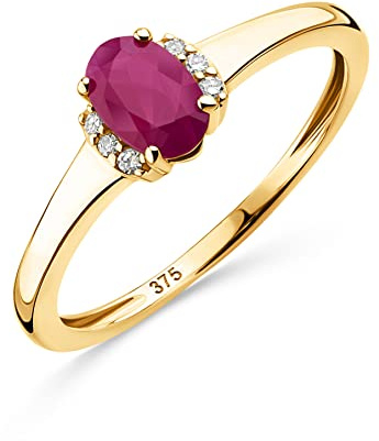 OROVI anello donna Oro 9Kt vero, con Diamanti e un Rubino - Oro Giallo - Gioielli donna - Gioiello Ipoallergenico - Fatto a Mano