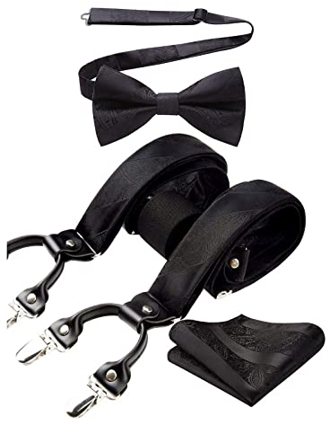 HISDERN Schwarz Hosenträger Herren Fliege und Hosenträger Set Herren Klassische Paisley Verstellbar Y Form Mit 6 Extra Stark Clips Braces Hochzeit