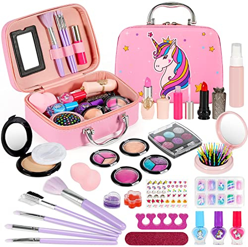 kizplays Makeup Toys for Girls, Kids Make up Kit Toy, 27 Pieces Real Washable Cosmetic Set, Play Makeup Set Gift for 3 4 5 6 7 Years Old