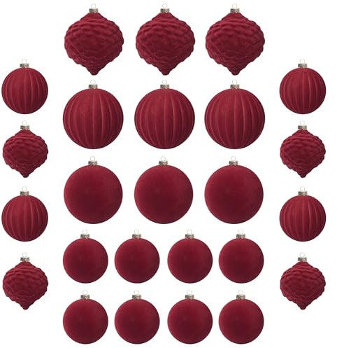 KI Store Velvet Christmas Baubles Red 25pcs Shatterproof Flocked Christmas Tree Ornaments 80mm 60mm Assorted for Xmas Tree Decorations