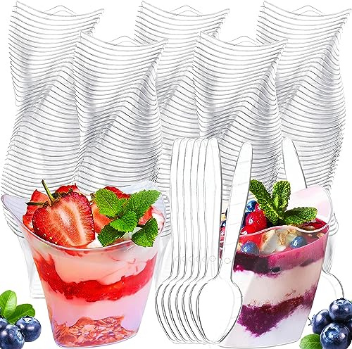 WDZGX Desserts Cups Dessert im Becher Dessertbecher Plastik 100ml 50Stk | Dessertgläser Plastikbecher für Schälchen Cup mit Löffeln Dessertschalen Dessertbechern Wiederverwendbar Desert Gläser Set