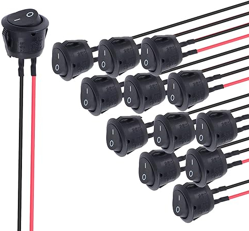 eROOSY 12 ST Rund Kippschalter, KFZ Schalter 2 Polig, Runde Schalter AC 10A 125V / 6A 250V Wippschalter KFZ mit 200mm Vorverdrahtung für Auto LKW Motorrad Boat