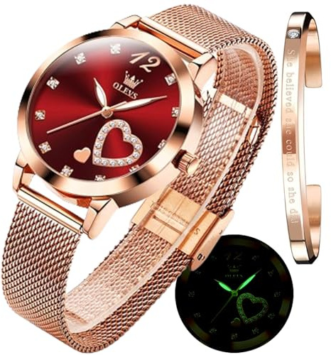 OLEVS Relojes Femeninos lujosos Relojes Femeninos Rosas Doradas ultradelgados Relojes Ligeros de Malla de Acero Inoxidable Relojes de Moda Impermeables para Mujeres, Pulseras Ajustables