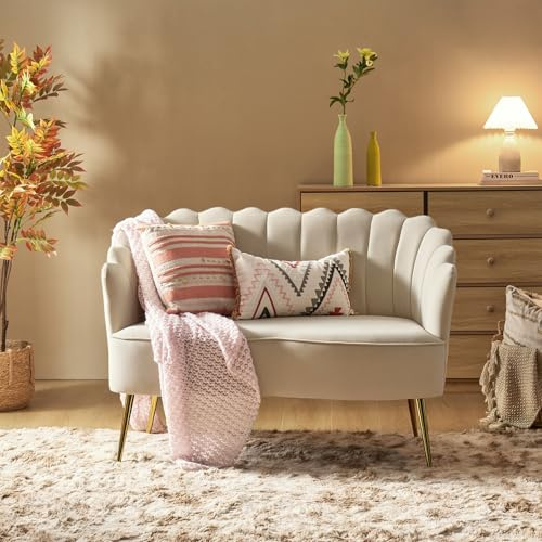 HULALA HOME 2 Seater Sofa Loveseat Velvet Sofa Couch with Metal Legs and Arm Backrest for Living Room & Bedroom, TAN