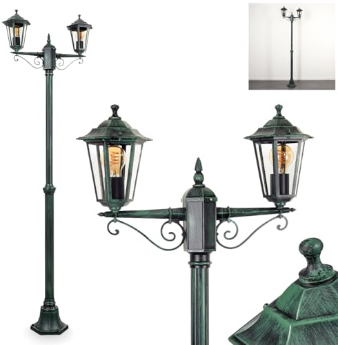 Lampada da esterni Loria, lampada da sentiero in metallo/vetro, colore nero/verde/trasparente, a 2 luci, effetto antico, altezza max. 200 cm, illuminazione da giardino IP44, 2 lampadine E27, senza