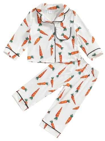 2PCs Toddler Baby Kids Easter Pyjamas Clothes Set Carrot Print Button Lapel Shirt Long Pants Trousers Sleepwear Nightwear Loungewear (White, 2-3 Years)