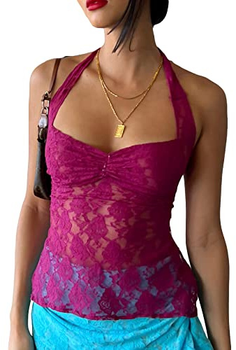 Yassiglia Y2k Débardeur d'été élégant en dentelle patchwork sans manches, dos nu, camisole sexy, crop top, en dentelle pour filles, Rose foncé., S