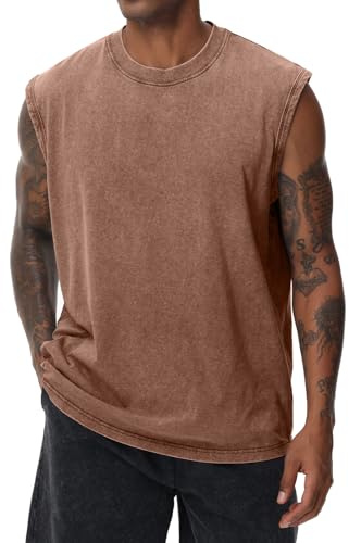 Camiseta de manga corta para hombre, de verano, sin mangas, para fitness, sin mangas, sin mangas, para entrenamiento, gimnasio, algodón, café, L