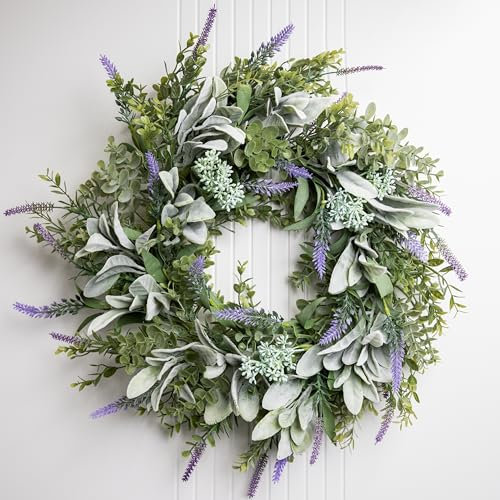 Perfnique Spring Summer Wreaths for Front Door, Lambs Ear Wreath with Lavender Flowers and Eucalyptus Leaves, 50cm Green Artificial Wreath for Door Window, Farmhouse Wreath for Wall Decor (Lavender)