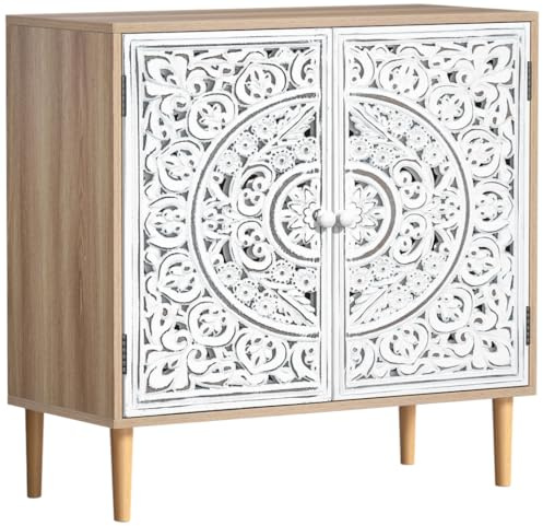 Skokliz Storage Cabinet with 2 Doors, White Accent Cabinet Wooden Sideboard, Vintage Hollow Carving Buffet Cabinet for Kitchen, Living Room, Entryway