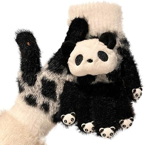 SJTJSPX Gants Hiver Femme Fille,Mignon Panda Mitaines Chaudes en Tricot Peluche,Gants Thermique à Ecran Tactiles,Moufles Epaisse Coupe-Vent Gloves pour Ski,Vélo,Cyclisme,Moto,Conduite,Sport