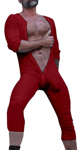 Generisch Mono de una pieza para hombre, body para adultos, pijama para hombre, ropa interior térmica monocolor, ropa interior elástica, ropa de dormir de manga larga, mono con botones, O rojo., XL