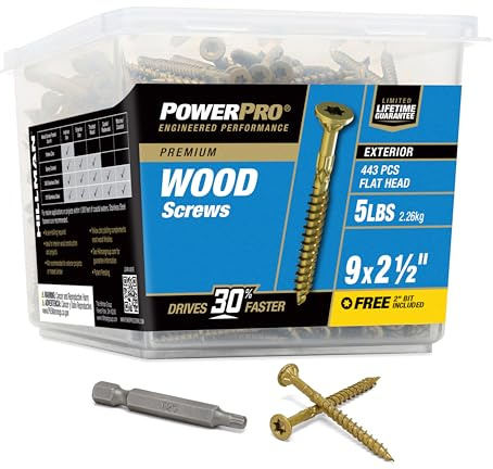 Power Pro 48610 Wood Screws, #9 x 2-1/2, Premium Outdoor Deck Screws, Rust Resistant, Epoxy Coated Bronze, 5lb Tub, 501 pcs