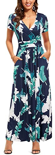 OUGES Women's Summer Casual V Neck Short Sleeve Floral Pattern Wrap Ladies Maxi Long Dress with Pockets(Floral-8,L)