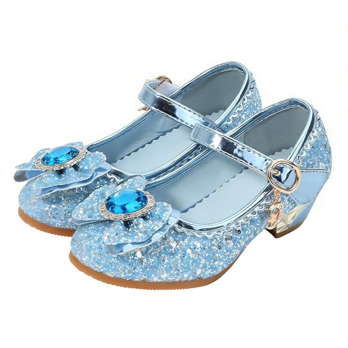 FStory&Winyee Zapatos de Princesa para Niña Purpurina con Lazo Tacones Altos Disfraz Bailarinas Elegantes Cosplay Carnaval Fiestas de Cumpleaños Halloween Ceremonia,Azul,29
