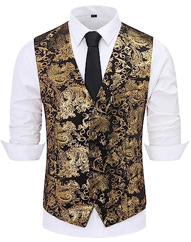 Allthemen Mens Paisley Jacquard Suit Gilet monopetto Vest Slim Fit Button Down Prom Abito formale Gilet Oro nero L