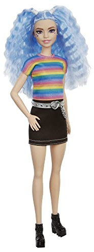 Barbie Fashionistas Doll #170 with Long Blue Crimped Hair, Star Face Makeup, Multi-colour Striped Tee, Denim Skirt, Black Boots & Silvery Chain Belt, Toy for Kids 3 to 8 Years Old, GRB61