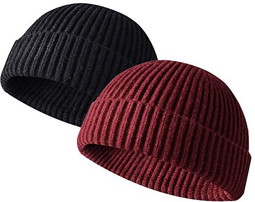 JFAN Gorro Docker de Punto Forro Polar Beanie de Lana Gorro con Vuelta Sombreros Cálidos de Invierno Gorro de Pescador Skullcap,Negro+Rojo,Talla única