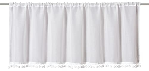 Elbersdrucke halbtransparente Bistrogardine mit Tunneldurchzug und Bommel Loni 00 weiß 45x140 cm Scheibengardine für Küche Küchenfenster Sichtschutz 202088