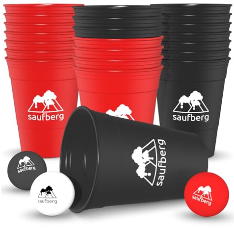 saufberg Beerpong Set - 22 Mehrweg Hartplastik Bierpong Becher | Festival | Geburtstag | Spülmaschinenfest | Red Cups extrem stabil | inkl. Bälle und Cupsocke | Rot/Schwarz