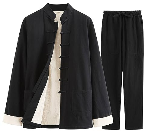GVILTY Abito per Arti Marziali - Abbigliamento Tradizionale Cinese da Uomo Uniforme Kung Fu, Cotone Lino Tai Chi Uniforme Pantaloni a Maniche Lunghe Cappotto Top Black-M