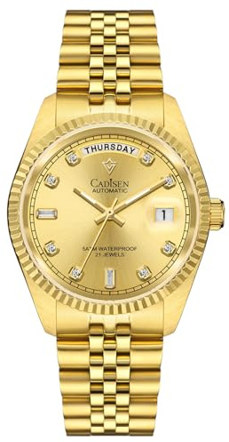WEICHULWJ CADISEN Design Automatik Uhr Herren Mechanische Edelstahl Wasserdicht Saphirglas Datum-Woche Armbanduhren Hommage (8229Gold-W)