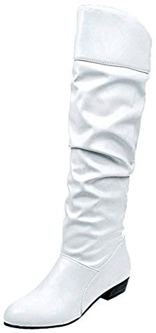 Nidddiv Wildleder-Stiefel für Damen, kniehoch, farbige Zehen, kniehoch, einfarbig, runde Stiefel, Schlupfschuhe, hoher Absatz, Damenstiefel, weiß, 38 EU