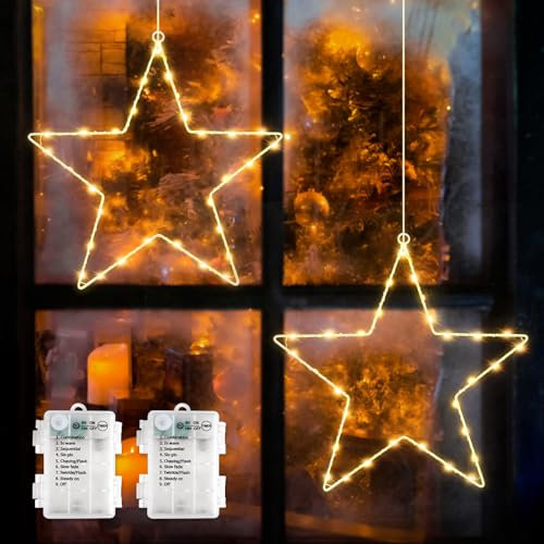 SALCAR LED Weihnachtsstern Fensterdeko, 2 Stück 60 LED Stern Weihnachtsdeko Batteriebetrieben mit Timer, 8 Modi Stern Fensterlichter für Party, Deko, Balkon, Party, Hochzeit