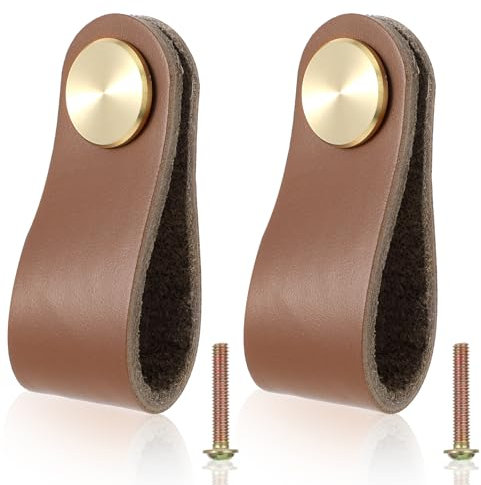 JIEYAO Poignées En Cuir Pour Meubles - 2pcs Faites À La Main, Boutons D'armoire Pour Tiroirs, Armoires De Cuisine, Commodes (Marron Clair)