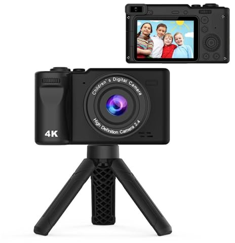 Digitalkamera för Barn med Stativ, 12 MP 1080P Främre Bakre HD-videokamera med Dubbla Objektiv, IPS-skärmspek- och Skjut-digitalkamera, Fickleksak för Barnkamera, (Svart)